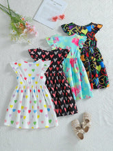 4pcs/Set Girls Casual Cute Heart Tie-Dye Digital Print Cap Sleeve Cinched Waist 4pcs Dress Set, Summer